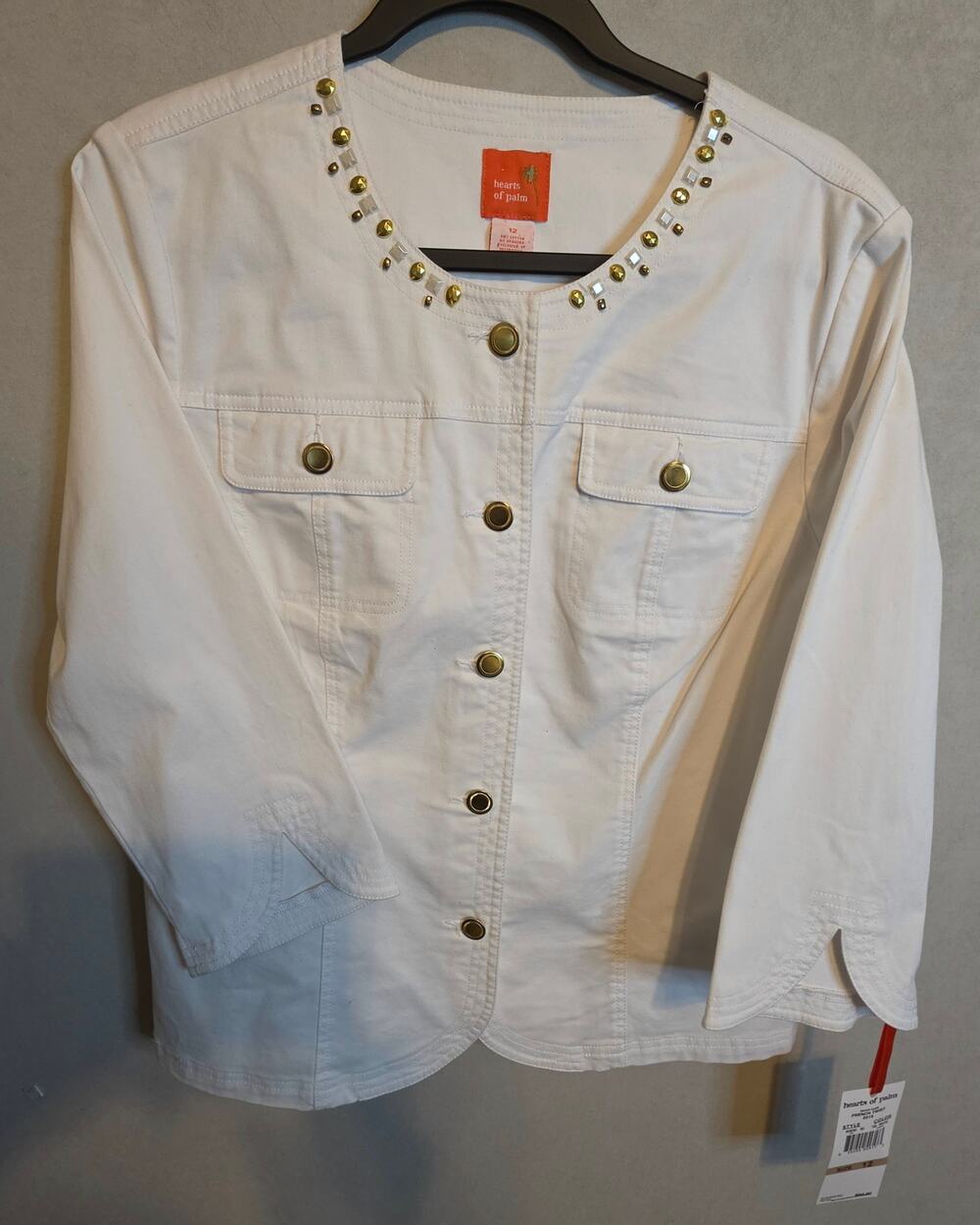 Hearts of Palm White Button-up Jean Jacket metallic studded embellishments 12